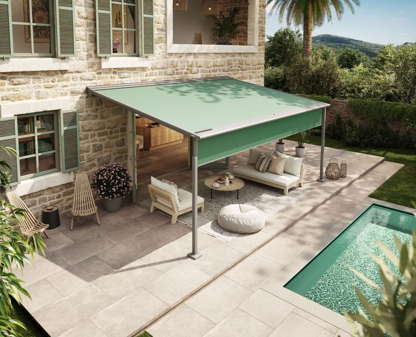 markilux-pergola-cubic-i-gra-med-gront-stof-pa-en-terrasse